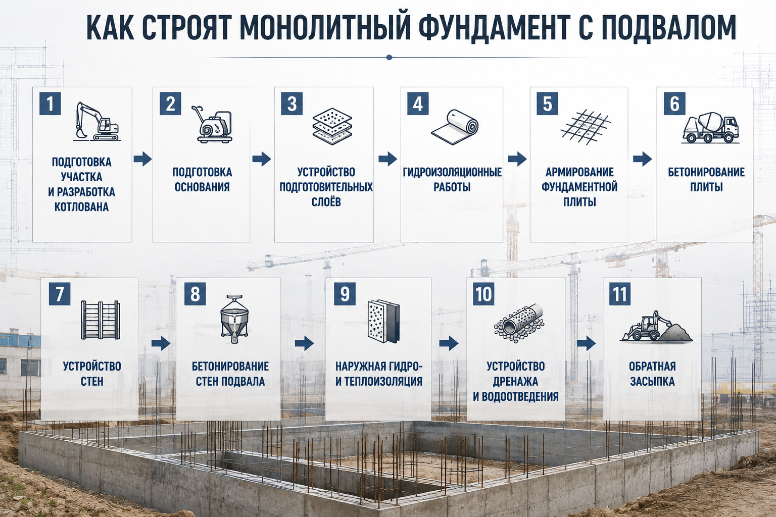 как строят монолитный фундамент с подвалом